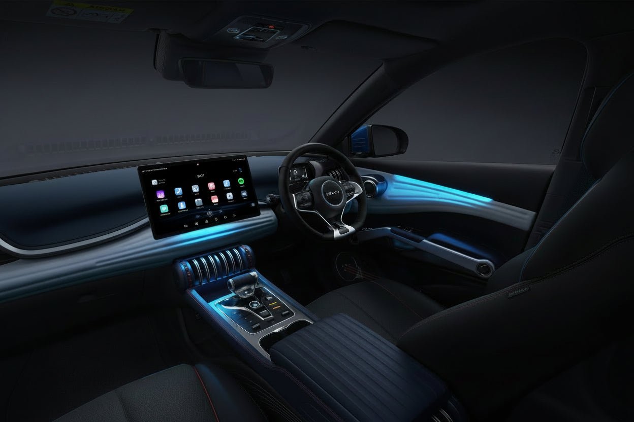 A luxury car interior with a large touchscreen display, a curved dashboard, a multi-spoke steering wheel, and blue ambient lighting along the door panel and console. The seats are upholstered in a light blue and dark gray material with subtle red stitching.