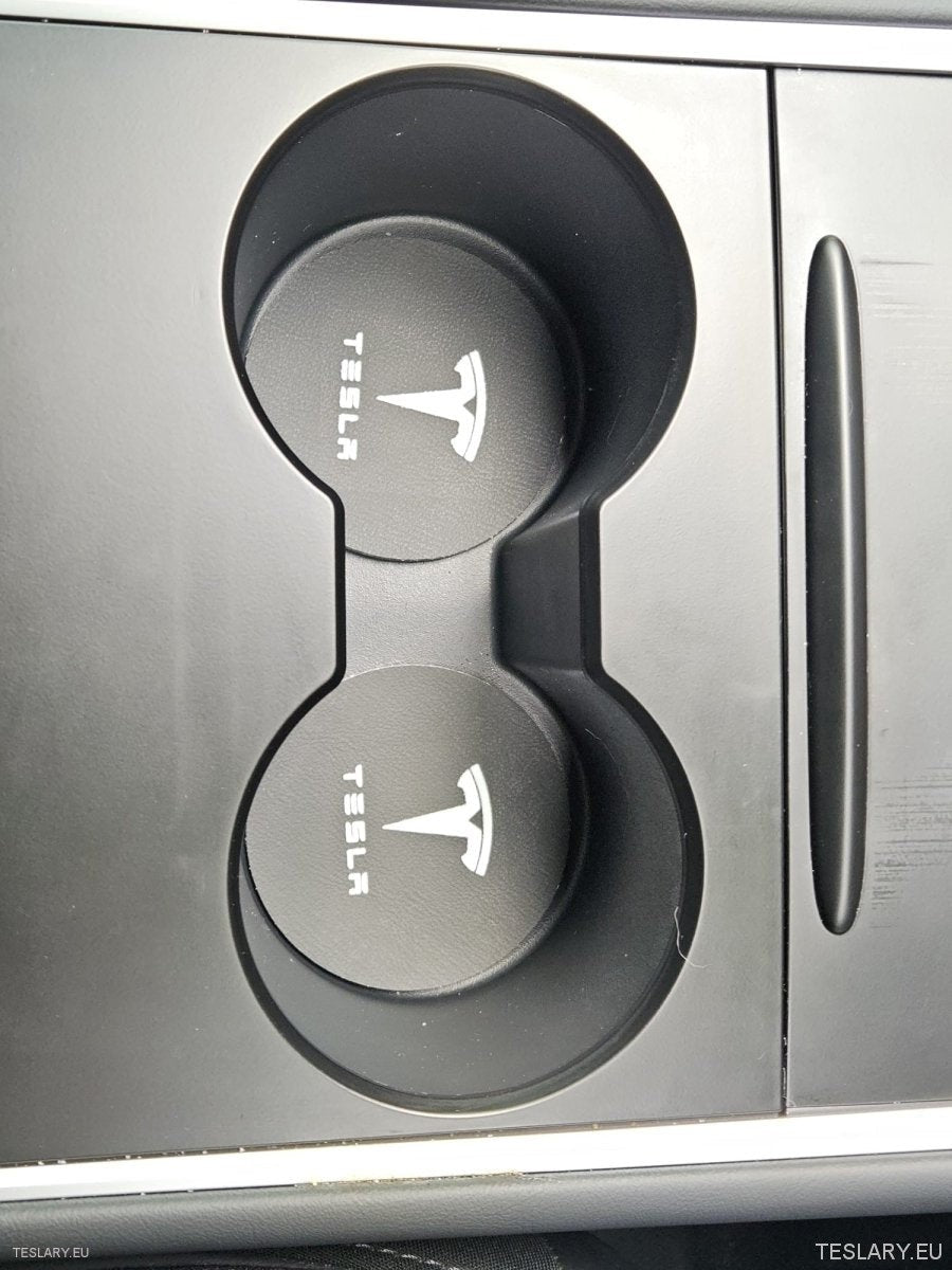 Tesla Model 3 Y S X Black Leather Centre Console Cup Inserts with Logo - TESLARY Tesla Shop Accessories Europe Nederlands Ireland Deutschland Espana Alicante France Italia