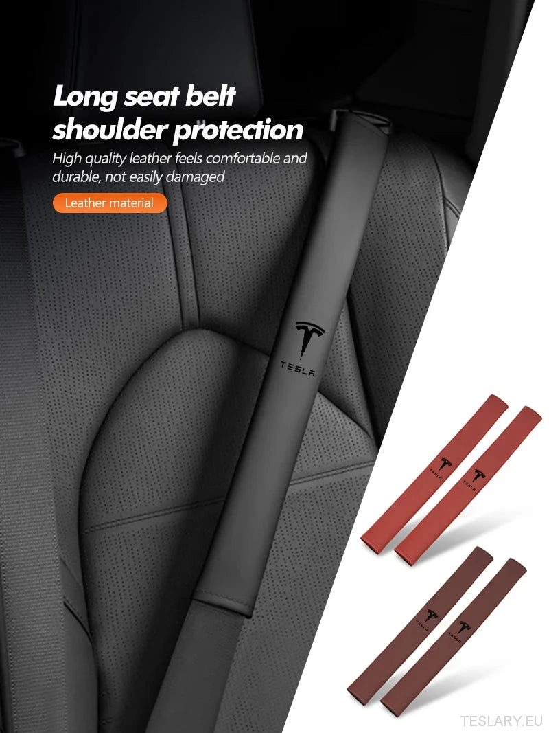Tesla Seat Belt Comfort Pad - Premium Leather Shoulder Strap Cover with Logo - TESLARY Tesla Shop Accessories Europe Nederlands Ireland Deutschland Espana Alicante France Italia