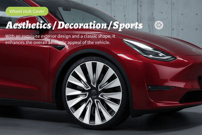 A close-up of a red car front wheel with a decorative multi-spoke wheel cover, overlaid with promotional text reading 'Wheel Hub Cover' and 'Aesthetics/Decoration/Sports' on a gray studio background.