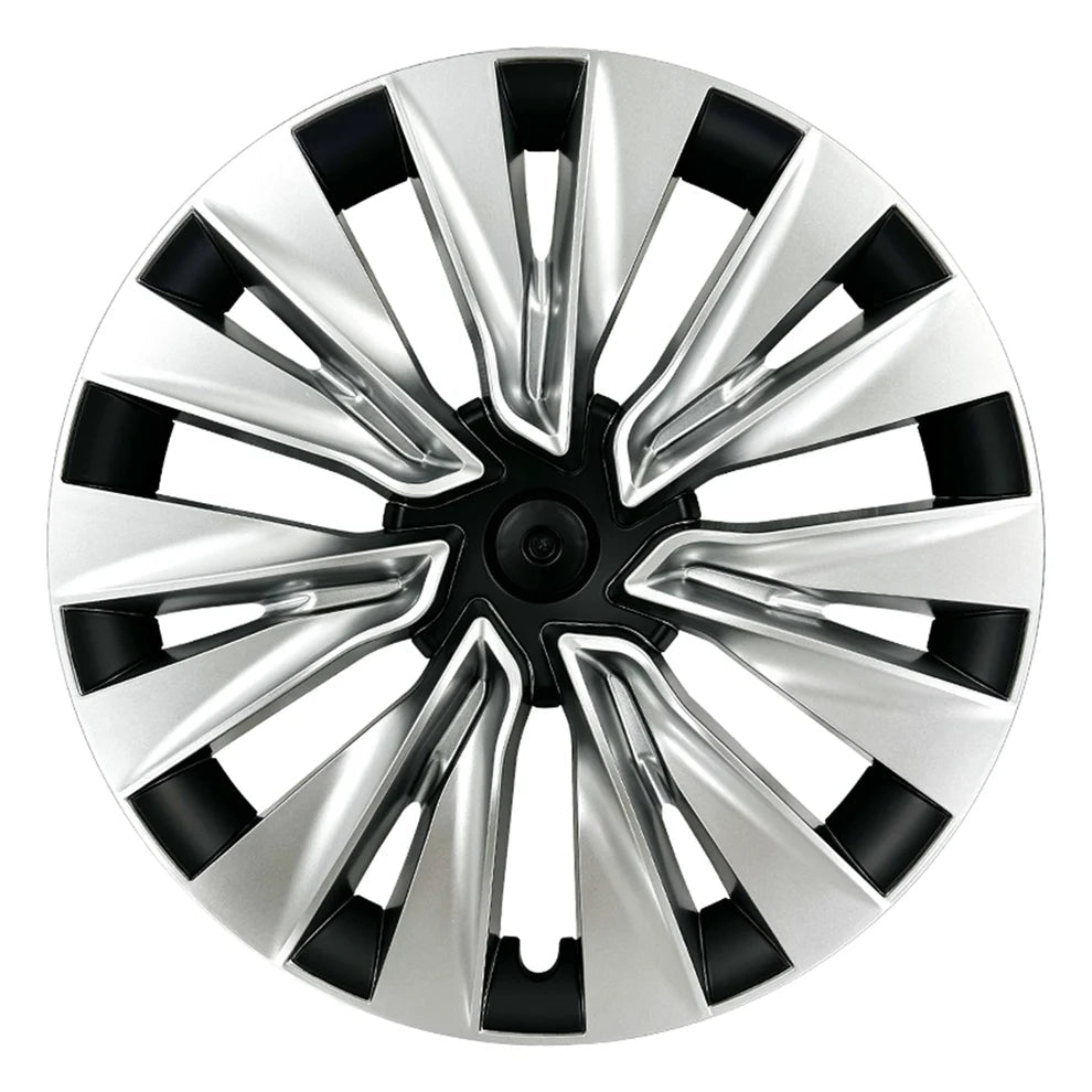 A silver and black multi-spoke alloy wheel hub cover, shown from a top-down perspective on a solid white background.