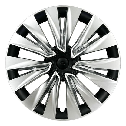 A silver and black multi-spoke alloy wheel hub cover, shown from a top-down perspective on a solid white background.