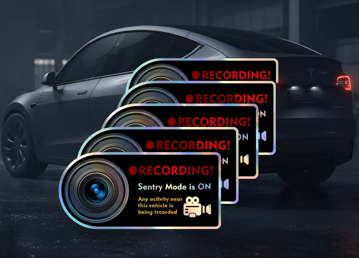 4 Sentry Mode Black Camera Recording Stickers with a Red Label Saying ...
