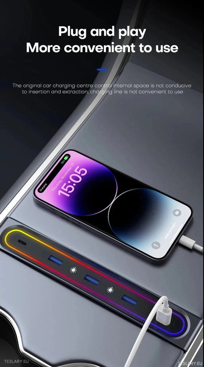 5 in 1 RGB USB Expansion Hub for Tesla 3/Y - TESLARY Tesla Shop Accessories Europe Nederlands Dublin Cork Ireland Deutschland Espana Alicante France Italia