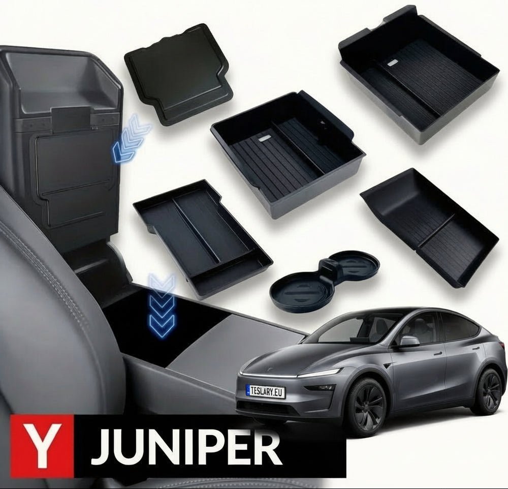 A set of black plastic car center console storage organizers and tray inserts shown on a white background, with a gray car illustration and a visible JUNIPER brand banner at the bottom.