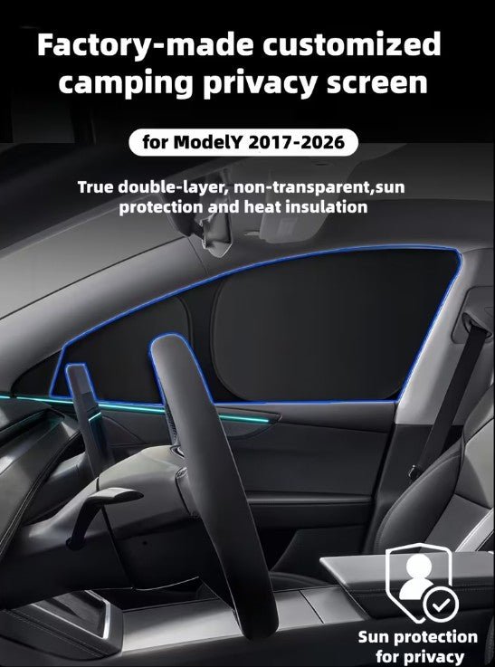 Tesla Model Y & Model Y Juniper Premium & Standard Sun Protection & Privacy Shades for Campling & Sun Protection 8 Shades Easy Installation Buy From Europes Teslary.eu Ireland Portugal Espana Deutschland Italia France Sweden
