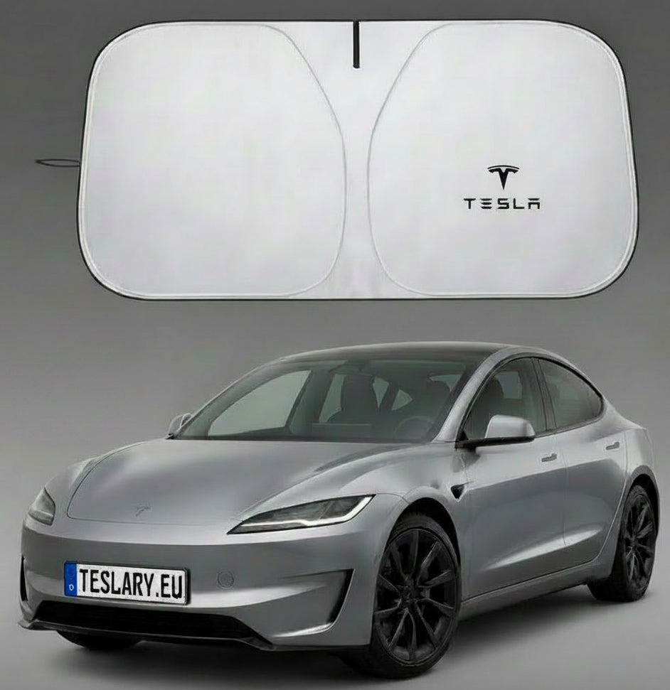 A silver Tesla car shown with a large white car sun shade above it and a folded view of the shade to the left. The sun shade has a black Tesla logo printed on it.