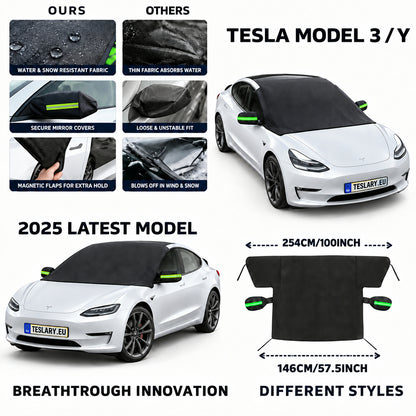 Promotional collage for a Tesla Model 3 car cover, showing a white Tesla with a dark cover fitted, dimension measurements of 254 cm by 146 cm, feature comparison panels labeled Ours vs Others, and text calling it a 2025 latest model breakthrough innovation.