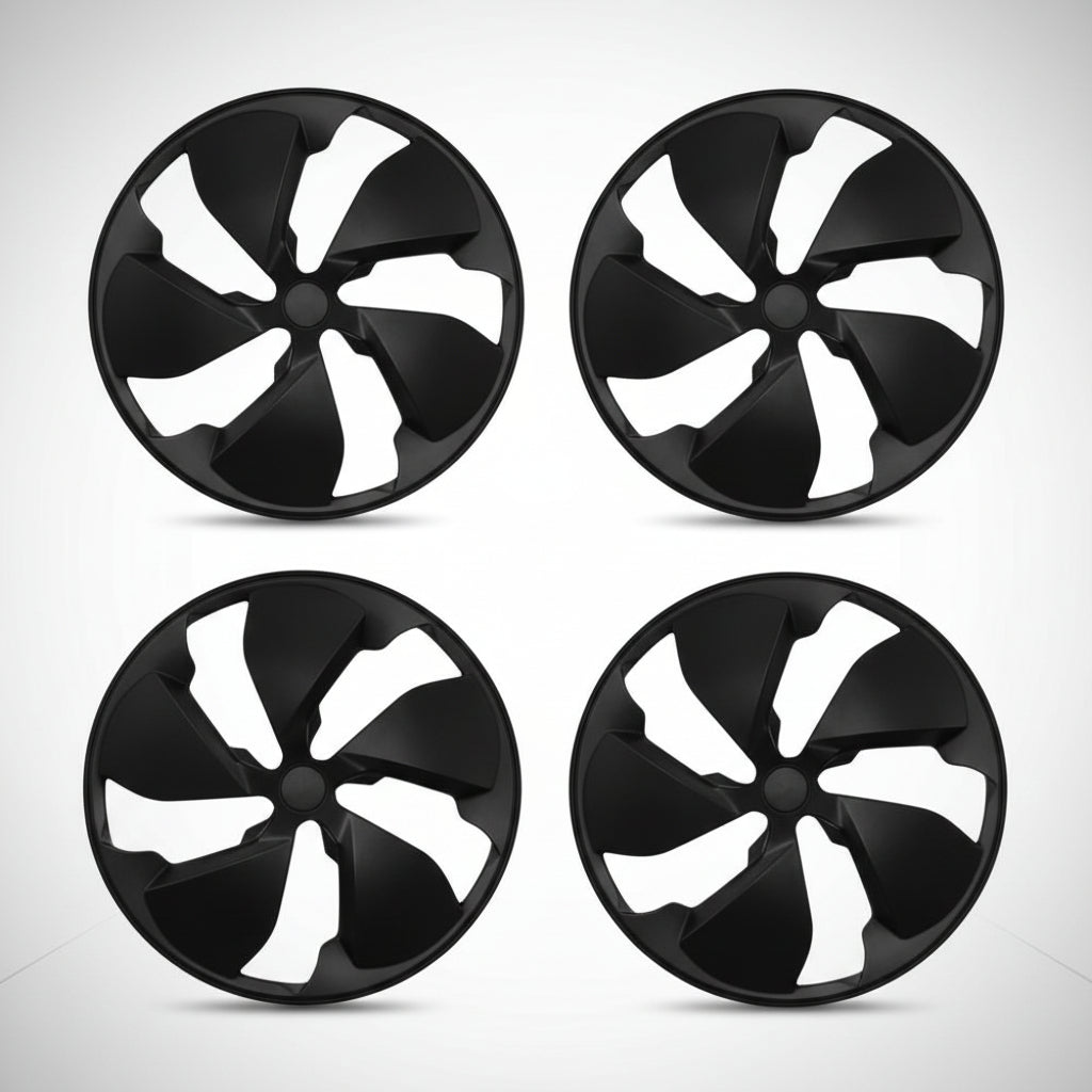 Four black fan-style wheel covers arranged in a 2x2 grid on a white background, with a vertical dimension marker between the top two showing 48 inches (121 cm).
