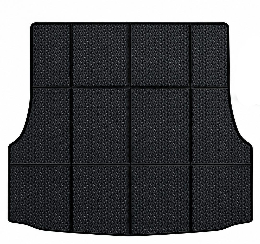 A black cargo liner with a textured grid pattern, shown next to a blue Tesla Model S with text reading 'Cargo liners For Model S' on a white background.