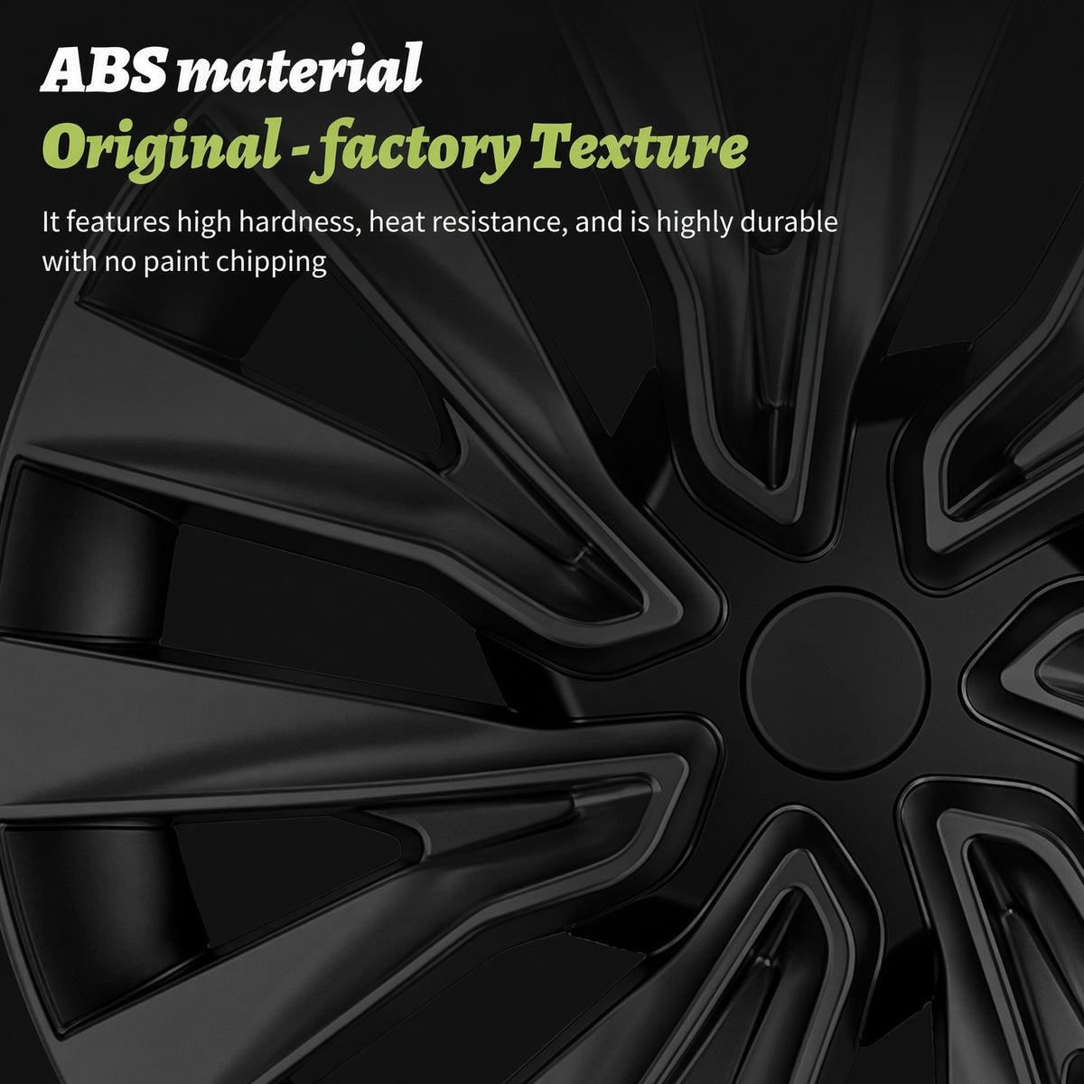 Close-up of a black multi-spoke alloy wheel rim with text overlay reading 'ABS material Original - factory Texture' and descriptive copy about hardness and heat resistance. TESLA MODEL 3 HIGHLAND 18 INCH MATTE BLACK PERFORMANCE WHEEL COVERS HUB CAPS WITH FREE FEDEX DELIVERY ACROSS EUROPE FROM IRELAND AND EUROPES TESLARY.EU
