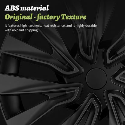 Close-up of a black multi-spoke alloy wheel rim with text overlay reading 'ABS material Original - factory Texture' and descriptive copy about hardness and heat resistance. TESLA MODEL 3 HIGHLAND 18 INCH MATTE BLACK PERFORMANCE WHEEL COVERS HUB CAPS WITH FREE FEDEX DELIVERY ACROSS EUROPE FROM IRELAND AND EUROPES TESLARY.EU