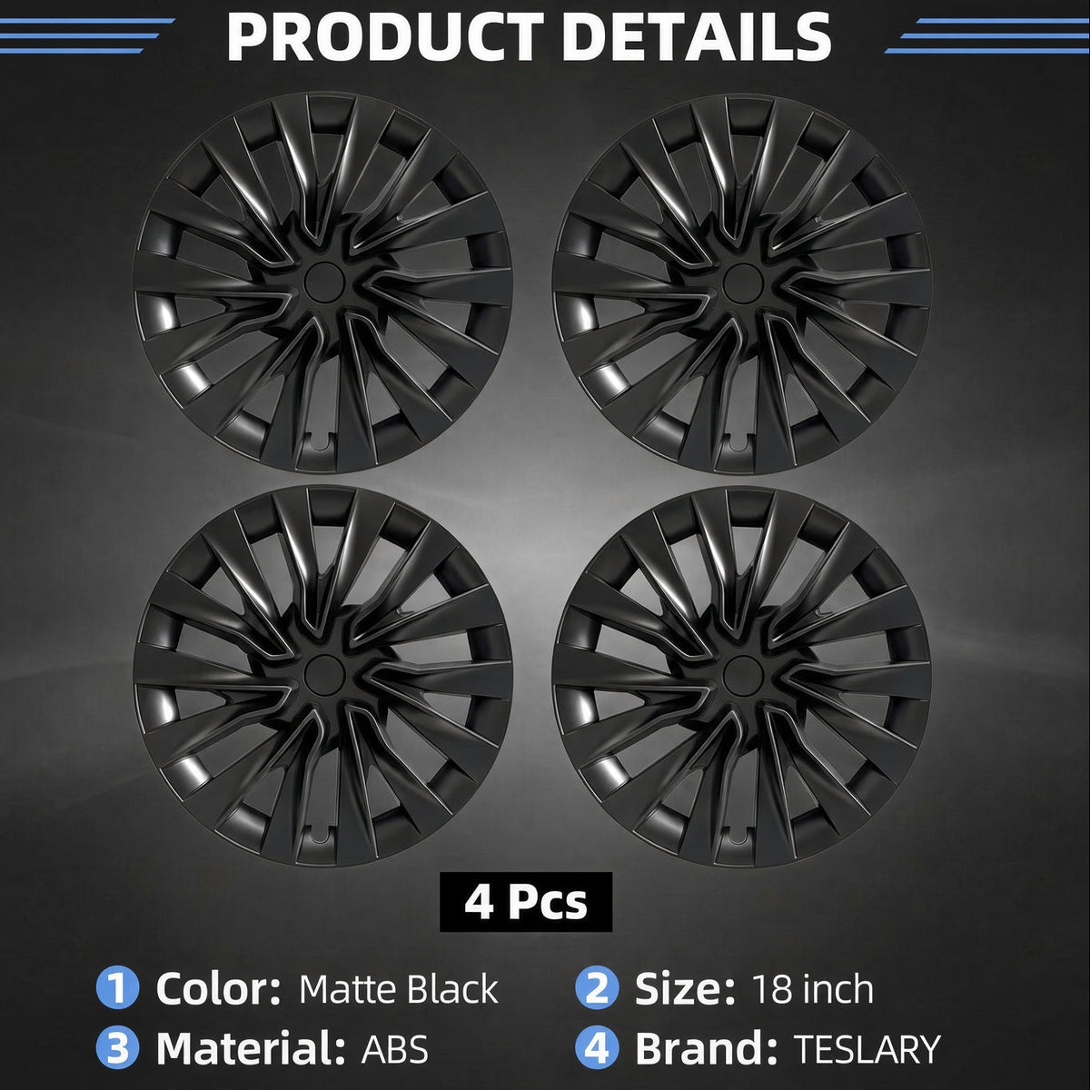Four matte black 18-inch hubcaps arranged in a 2x2 grid under the heading 'PRODUCT DETAILS' on a dark gray background, with text listing color as matte black, size as 18 inch, material as ABS, and brand as TESLARY. TESLA MODEL 3 HIGHLAND 18 INCH MATTE BLACK PERFORMANCE WHEEL COVERS HUB CAPS WITH FREE FEDEX DELIVERY ACROSS EUROPE FROM IRELAND AND EUROPES TESLARY.EU