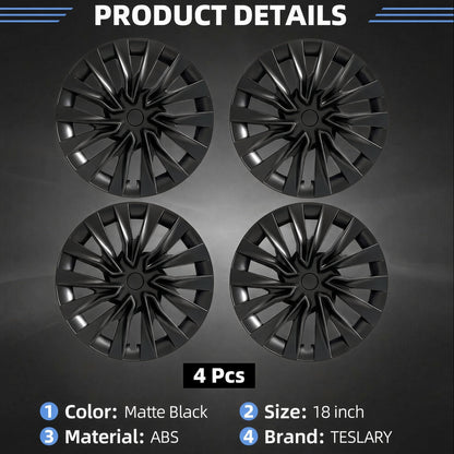 Four matte black 18-inch hubcaps arranged in a 2x2 grid under the heading 'PRODUCT DETAILS' on a dark gray background, with text listing color as matte black, size as 18 inch, material as ABS, and brand as TESLARY. TESLA MODEL 3 HIGHLAND 18 INCH MATTE BLACK PERFORMANCE WHEEL COVERS HUB CAPS WITH FREE FEDEX DELIVERY ACROSS EUROPE FROM IRELAND AND EUROPES TESLARY.EU