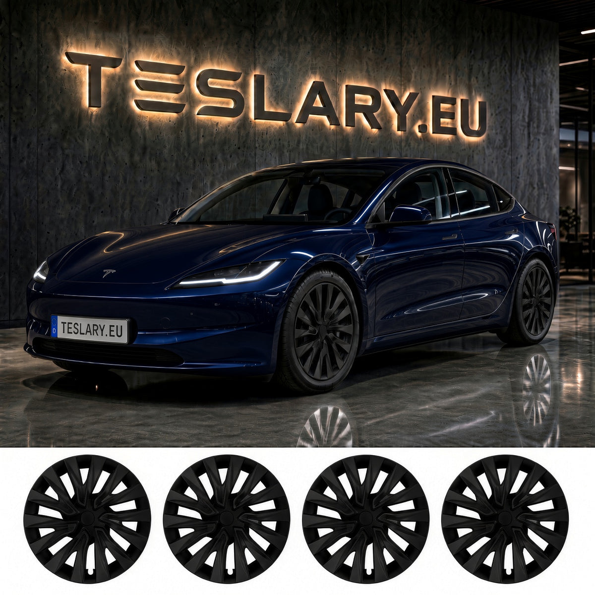 A dark metallic blue Tesla Model Plaid shown in a showroom with a large illuminated TESLARY.EU sign on the wall behind it. TESLA MODEL 3 HIGHLAND 18 INCH MATTE BLACK PERFORMANCE WHEEL COVERS HUB CAPS WITH FREE FEDEX DELIVERY ACROSS EUROPE FROM IRELAND AND EUROPES TESLARY.EU