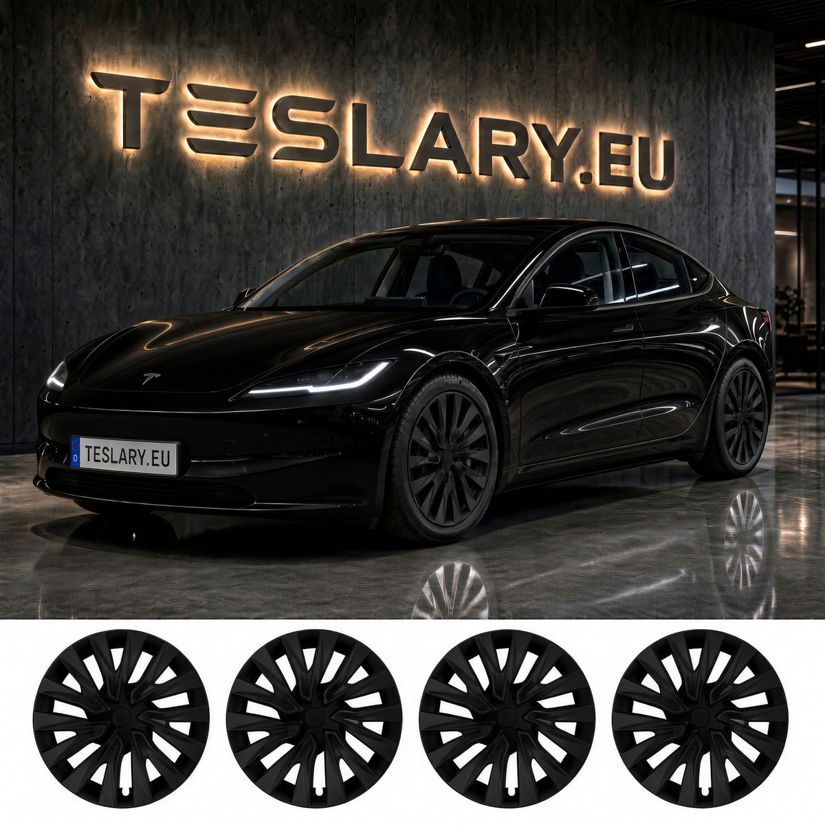 TESLA MODEL 3 HIGHLAND 18 INCH MATTE BLACK PERFORMANCE WHEEL COVERS HUB CAPS WITH FREE FEDEX DELIVERY ACROSS EUROPE FROM IRELAND AND EUROPES TESLARY.EU