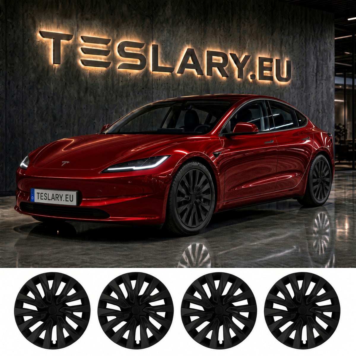 A red Tesla Model S shown in a showroom with a large illuminated TESLARY.EU sign on the wall, plus four black wheel covers displayed along the bottom. TESLA MODEL 3 HIGHLAND 18 INCH MATTE BLACK PERFORMANCE WHEEL COVERS HUB CAPS WITH FREE FEDEX DELIVERY ACROSS EUROPE FROM IRELAND AND EUROPES TESLARY.EU