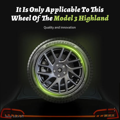 A car wheel with a glowing green ring accent around the outer edge of the rim, shown against a dark background with promotional text reading 'It Is Only Applicable To This Wheel Of The Model 3 Highland' and 'Quality and innovation'.TESLA MODEL 3 HIGHLAND NOVA WHEEL COVERS PERFORMANCE HUB CAPS BUY FROM IRELAND AND EUROPES TESLARY.EU WITH FREE DELIVERY ACROSS EUROPE WITH FEDEX