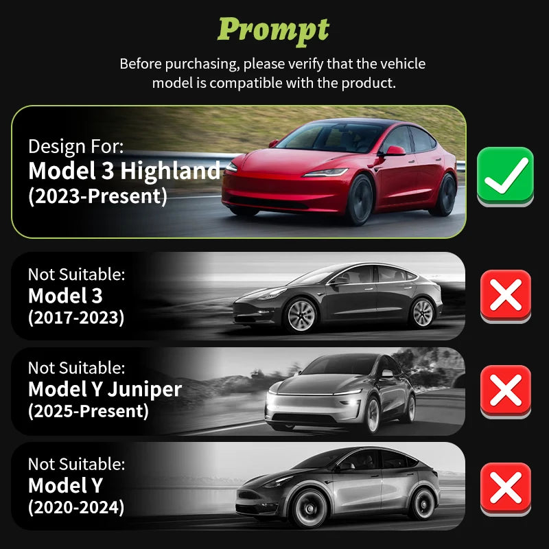 Comparison chart of Tesla vehicle models with compatibility information on a black background.TESLA MODEL 3 HIGHLAND NOVA WHEEL COVERS PERFORMANCE HUB CAPS BUY FROM IRELAND AND EUROPES TESLARY.EU WITH FREE DELIVERY ACROSS EUROPE WITH FEDEX