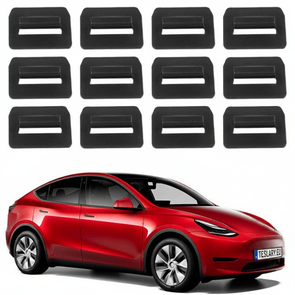Ten black rectangular Tesla Model Y door handle covers arranged in a grid above a red Tesla Model Y on a white background.