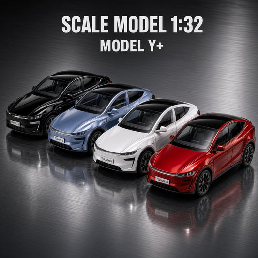 Four scale model cars in black, blue, white, and red are shown on a dark reflective studio background with the text 'SCALE MODEL 1:32 MODEL Y+' above them. Tesla Model Y Juniper Childrens Scale Toy Collectors Edition Toy 1 32 Buy from Ireland and Europes Teslary.eu