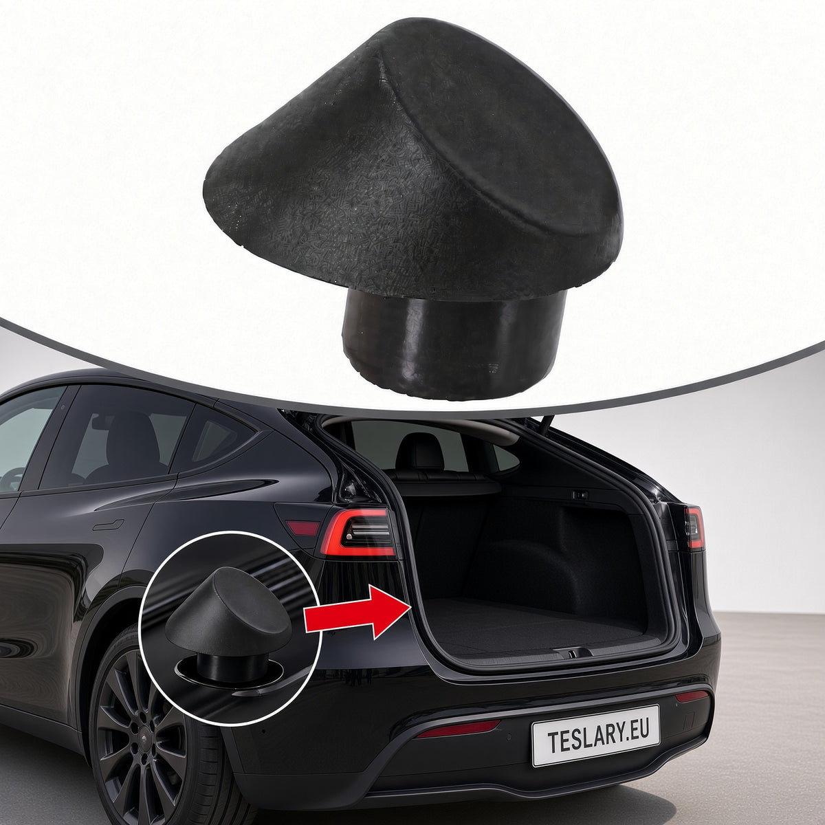 A black cone-shaped rubber or foam insert shown floating above a black Tesla with the trunk open, plus a circular inset highlighting the insert near the rear taillight area. Tesla Trunk Rubber Stopper 1507940-00-C and 1507942-00-C Buy from Ireland and Europes teslary.eu