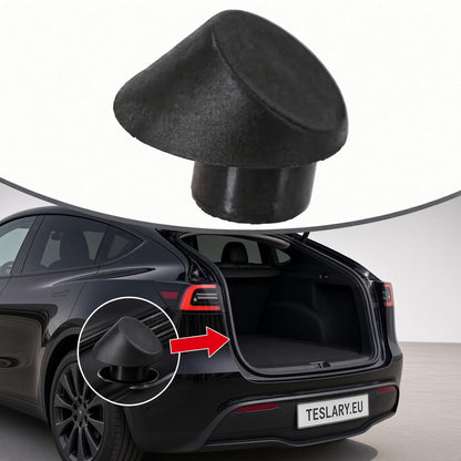 A black cone-shaped rubber or foam insert shown floating above a black Tesla with the trunk open, plus a circular inset highlighting the insert near the rear taillight area. Tesla Trunk Rubber Stopper 1507940-00-C and 1507942-00-C Buy from Ireland and Europes teslary.eu