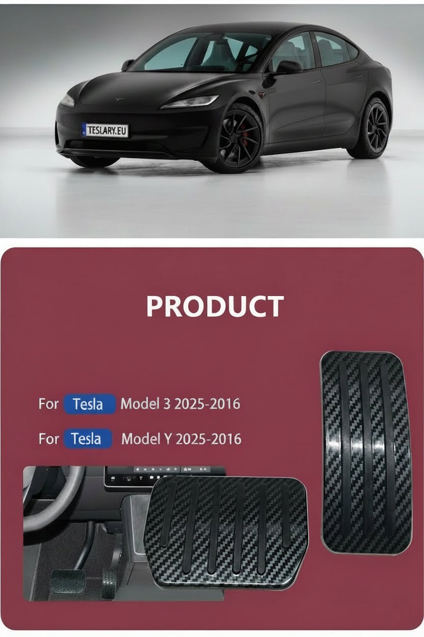 Tesla à motif en fibre de carbone Model 3 et Model Tapis de plancher Y présentés avec une voiture Tesla rouge sur fond gris clair et un texte de spécification du produit sur un panneau rouge foncé.