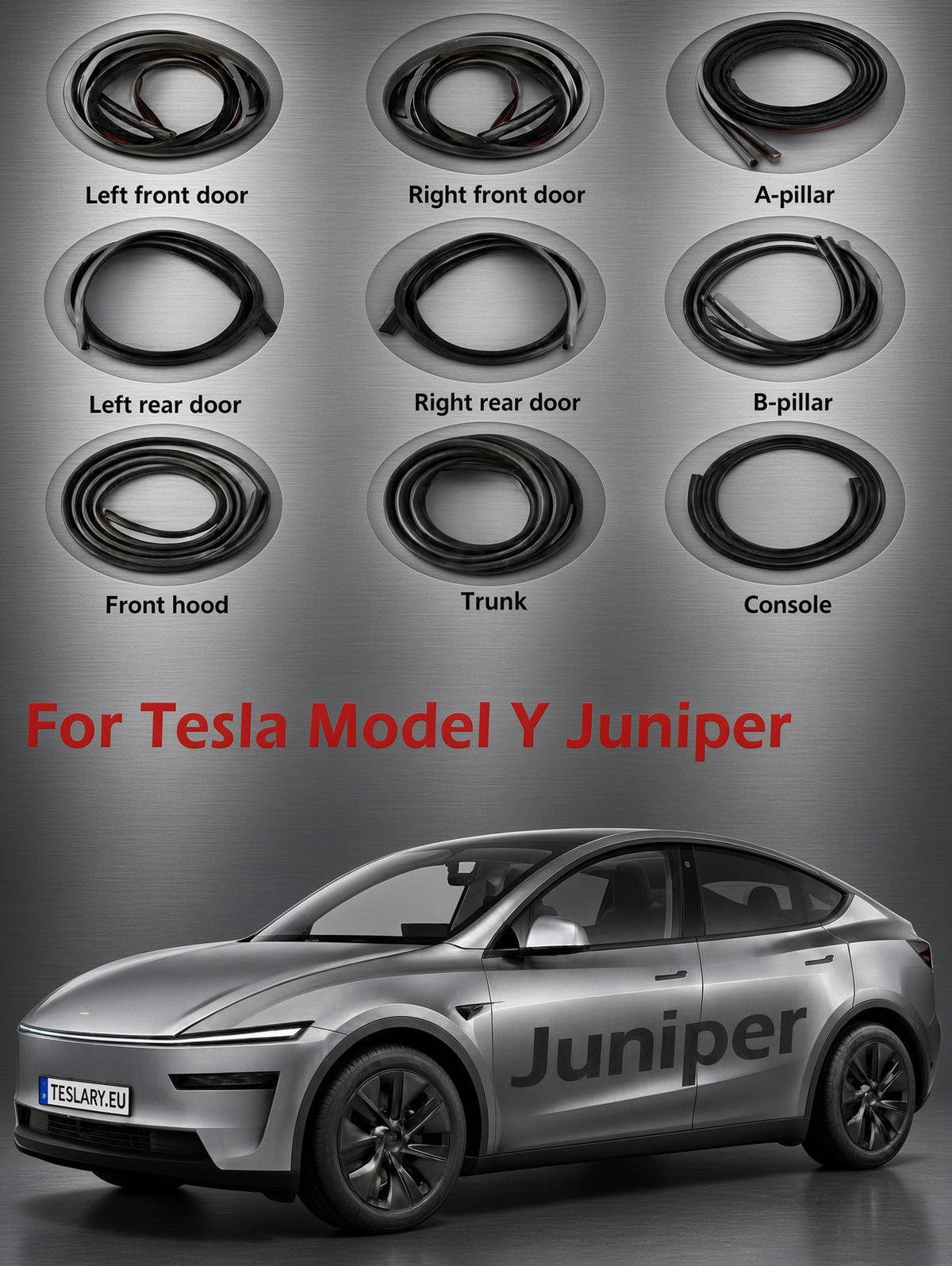 Un juego de topes de goma negra para puertas y maletero de Tesla Model Y Juniper, mostrado en un diseño de 9 paneles sobre un Tesla plateado. Model Y. La imagen muestra los parachoques enrollados y dispuestos para cada parte correspondiente del vehículo (puerta delantera izquierda, puerta delantera derecha, pilar A, puerta trasera izquierda, puerta trasera derecha, pilar B, capó delantero, maletero y consola) con texto rojo que dice 'Para Tesla Model Y enebro'. tesla-model-y-juniper-soundproof-status-status-kit-for-pillars-doors-trunk-frunk-teslary-dublin-irlanda-cork-nederlands-deutsch