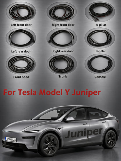 Un juego de topes de goma negra para puertas y maletero de Tesla Model Y Juniper, mostrado en un diseño de 9 paneles sobre un Tesla plateado. Model Y. La imagen muestra los parachoques enrollados y dispuestos para cada parte correspondiente del vehículo (puerta delantera izquierda, puerta delantera derecha, pilar A, puerta trasera izquierda, puerta trasera derecha, pilar B, capó delantero, maletero y consola) con texto rojo que dice 'Para Tesla Model Y enebro'. tesla-model-y-juniper-soundproof-status-status-kit-for-pillars-doors-trunk-frunk-teslary-dublin-irlanda-cork-nederlands-deutsch
