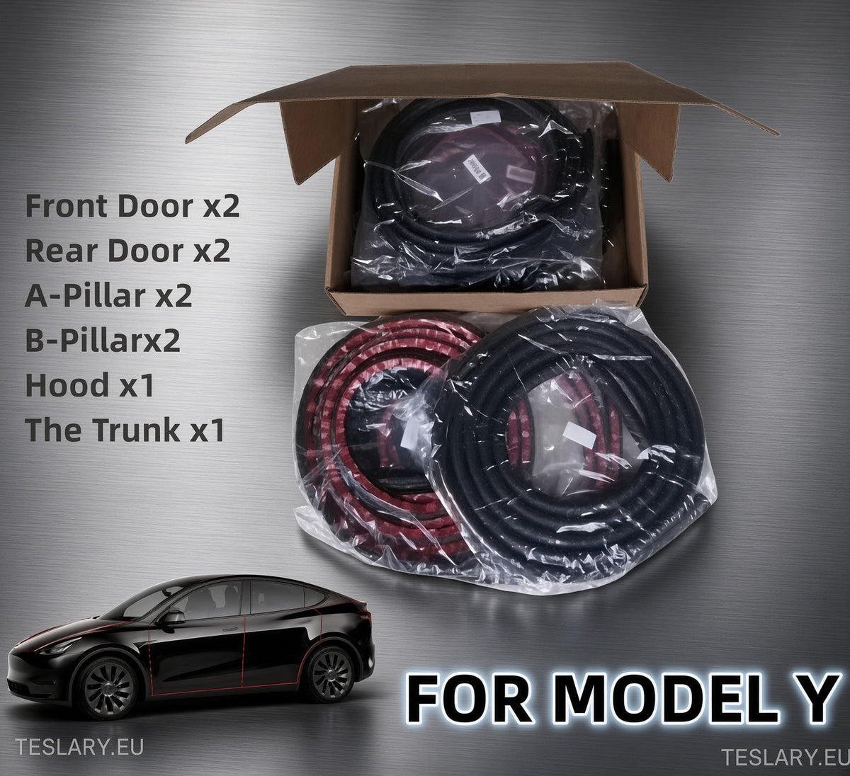 Una caja de colección de Tesla Model Mazos de cables de audio para puertas y pilares Y, incluyendo puertas delanteras y traseras, pilares A, capó y maletero, mostrados junto a un Tesla negro. Model Gráfico de coche en forma de Y. Los arneses vienen empaquetados en plástico transparente e incluyen cables negros con conectores rojos. tesla-model-3 tiras de absorción acústica-teslary-dublin-irlanda-nederlands-deutscgland-espana-alicante-madrid-tesla-tienda-europa-francia-italia-uk-unido-ki-209965