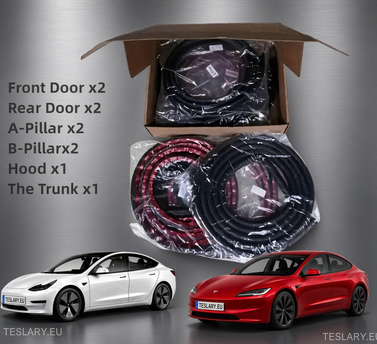 Un kit de arnés de cableado automotriz mostrado en una caja de cartón abierta con dos cables negros en espiral y dos cables rojos y negros en espiral, junto con dos Tesla Model Se utilizan coches de la serie S como ejemplo ilustrativo. El texto de la izquierda enumera las piezas incluidas: Puerta delantera x2, Puerta trasera x2, Pilar A x2, Pilar B x2, Capó x1 y Maletero x1. tesla-model-3 tiras de absorción acústica-teslary-dublin-irlanda-nederlands-deutscgland-espana-alicante-madrid-tesla-tienda-europa-francia-italia-uk-unido-ki-209965