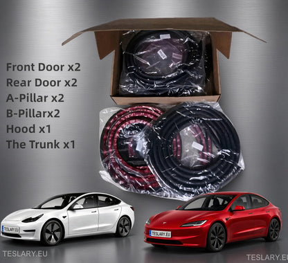 Un kit de arnés de cableado automotriz mostrado en una caja de cartón abierta con dos cables negros en espiral y dos cables rojos y negros en espiral, junto con dos Tesla Model Se utilizan coches de la serie S como ejemplo ilustrativo. El texto de la izquierda enumera las piezas incluidas: Puerta delantera x2, Puerta trasera x2, Pilar A x2, Pilar B x2, Capó x1 y Maletero x1. tesla-model-3 tiras de absorción acústica-teslary-dublin-irlanda-nederlands-deutscgland-espana-alicante-madrid-tesla-tienda-europa-francia-italia-uk-unido-ki-209965