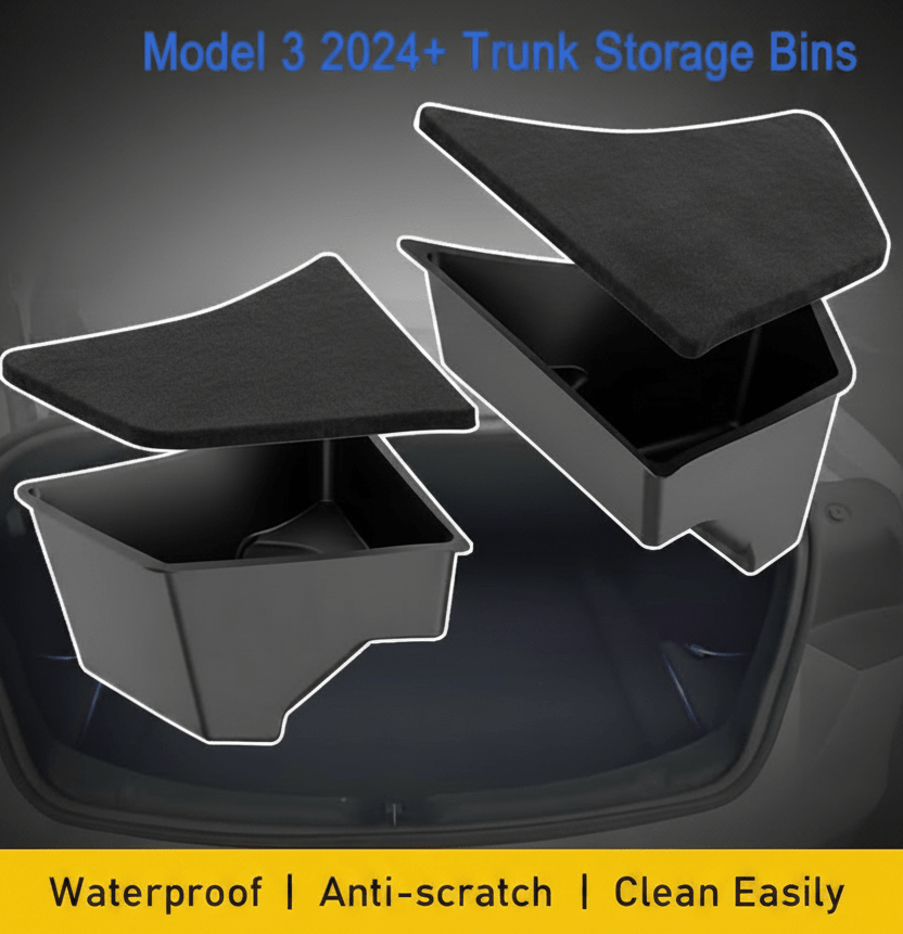 Bacs de rangement haut de gamme pour coffre avec couvercles assortis pour Tesla Model 3 éditions Highland Standard et Premium - TESLARY Tesla Shop Accessoires Europe Pays-Bas Dublin Cork Irlande Allemagne Espagne Alicante France Italie