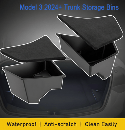 Bacs de rangement haut de gamme pour coffre avec couvercles assortis pour Tesla Model 3 éditions Highland Standard et Premium - TESLARY Tesla Shop Accessoires Europe Pays-Bas Dublin Cork Irlande Allemagne Espagne Alicante France Italie