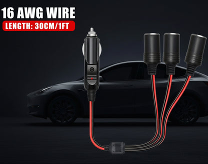 1 to 3 Car Plug Splitter Adapter Power Charger Port Plug Socket 3Way Splitter 16AWG with And LED Light 15A Fuse