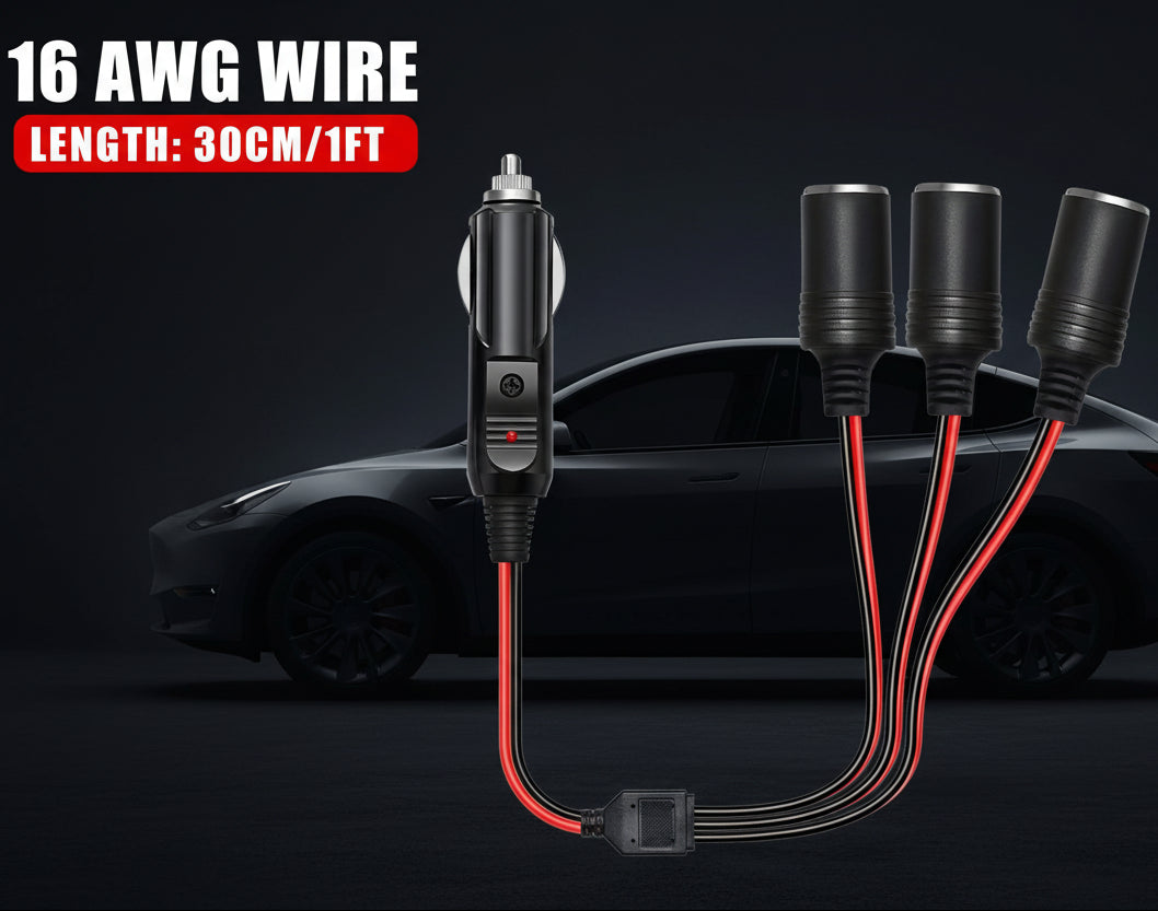1 to 3 Car Plug Splitter Adapter Power Charger Port Plug Socket 3Way Splitter 16AWG with And LED Light 15A Fuse