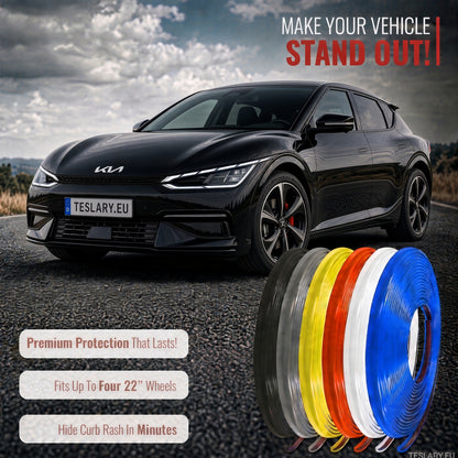 8M Car Wheel Rim Edge Protector Rubber Wheel Hub Rim Guard Vehicle Tire Rim Decor Sticker Strip Universal Automotive Accessories for Curb Rash and Wheel Scratch Prevention TESLA BYD MODEL 3 HIGHLAND JUNIPER 2025 2026 2027 MODEL S MODEL X MODEL YL SEAL MG URBAN KIA EV6 EV2 EV3 EV4 EV5 EV7 EV8 EV9 WHEEL COVER PROTECTIVE STRIPS IN RED WHITE BLACK GREY 8 METRES BUY FROM IRELAND AND EUROPES TESLARY.EU 