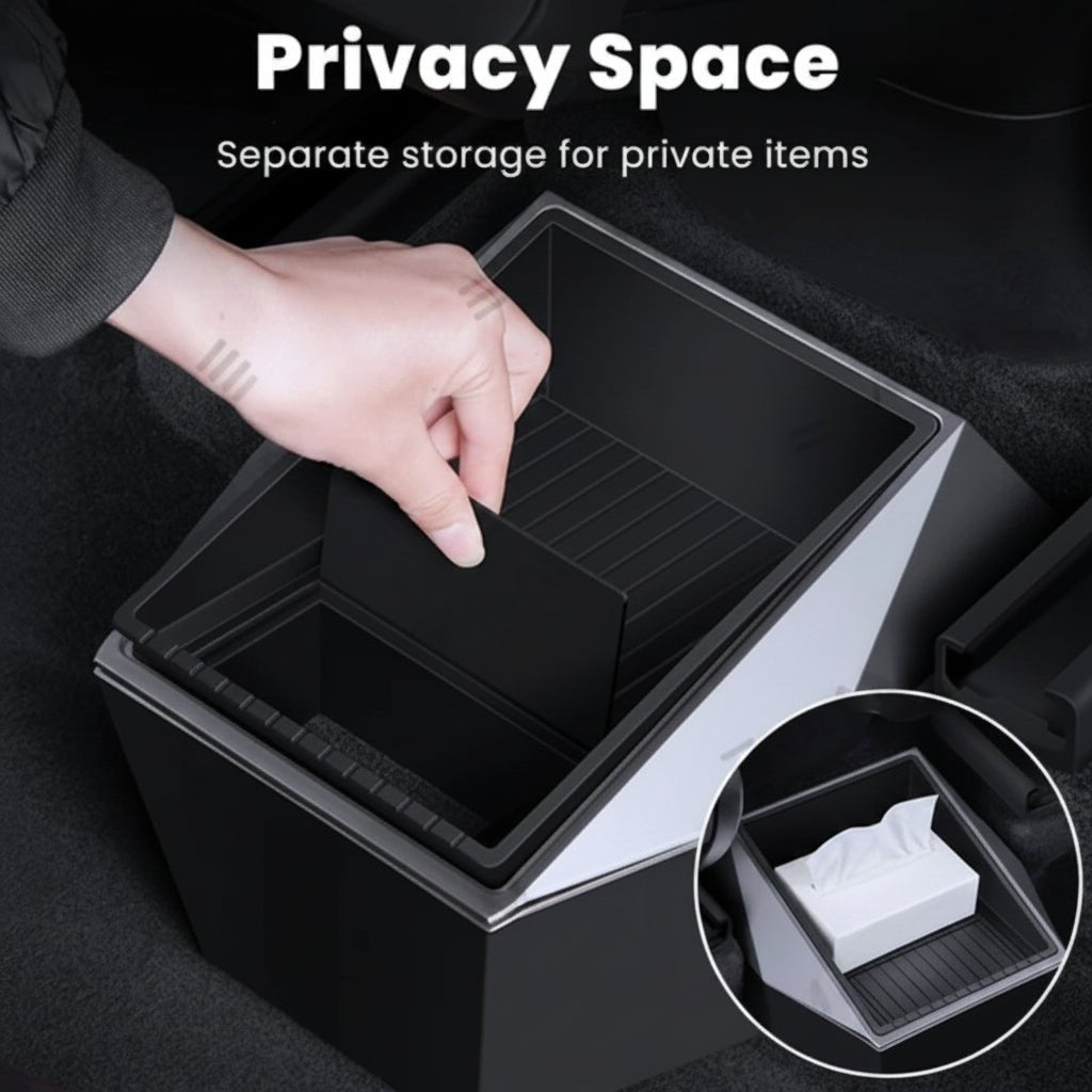 A black car center console storage organizer with a sliding privacy divider, shown with a hand inserting the divider. White text at the top reads 'Privacy Space' and 'Separate storage for private items.