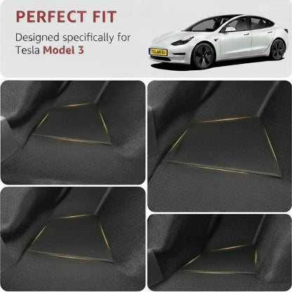 A collage showing a black carpeted trunk liner with orange stitched accents, labeled 'PERFECT FIT' and 'Designed specifically for Tesla Model 3,' alongside a white Tesla Model 3 and close-up views of the liner installed inside the trunk. 2021-2023-tesla-model-3-trunk-storage-bins-waterproof-carpeted-lid-4