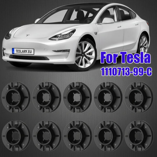 An automotive parts diagram showing a black circular component labeled 1110713-99-C, with a line drawing of a vehicle body panel indicating mounting locations marked with red circles. TESLA_111071399C_BUY_FROM_EUROPES_TESLA_ACCESSORIES_SPECIALISTS_TESLARY.EU_TESLARY.IE_TESLARY.PT_TESLARY.ES_TESLARY.NL_TESLARY.FR