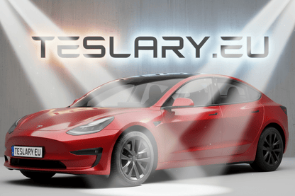 A red Tesla Model 3 sedan shown in a stylized studio setting with spotlights and the large text TESLARY.EU behind it. tesla-model-3-18-arachnid-style-wheel-covers-teslary-dublin-ireland-cork-nederlands-deutschland-espana-alicante-madrid-tesla-accessories-shop-europe-france-ital-4448983