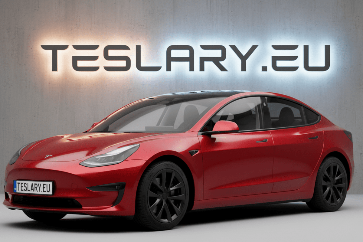 A red Tesla Model Y sedan shown at a three-quarter front angle on a studio floor, with a large illuminated TESLARY.EU sign on a textured gray wall behind it. tesla-model-3-18-arachnid-style-wheel-covers-teslary-dublin-ireland-cork-nederlands-deutschland-espana-alicante-madrid-tesla-accessories-shop-europe-france-ital-4448983 tesla-model-3-18-arachnid-style-wheel-covers-teslary-dublin-ireland-cork-nederlands-deutschland-espana-alicante-madrid-tesla-accessories-shop-europe-france-ital-4448983