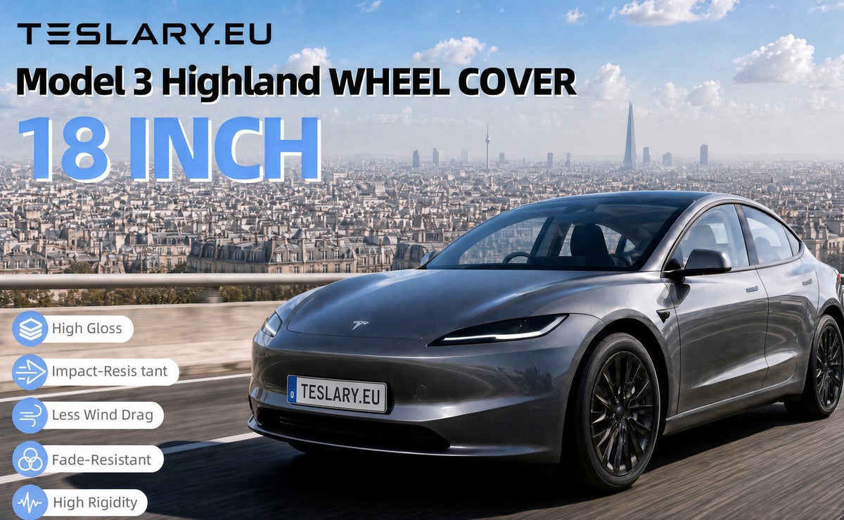 A dark gray Tesla Model 3 Highland is shown on a road with a city skyline in the background, promoting an 18-inch wheel cover. The image includes text overlays and feature badges on the left side. TESLA MODEL 3 HIGHLAND 18 INCH WHEEL COVERS UBER NOVA PERFORMANCE STYLE GLOSS BLACK FREE DELIVERY WITH FEDEX ACROSS EUROPE FROM IRELAND AND EUROPES TESLARY.EU THE TESLA ACCESSORIES SPECIALISTS
