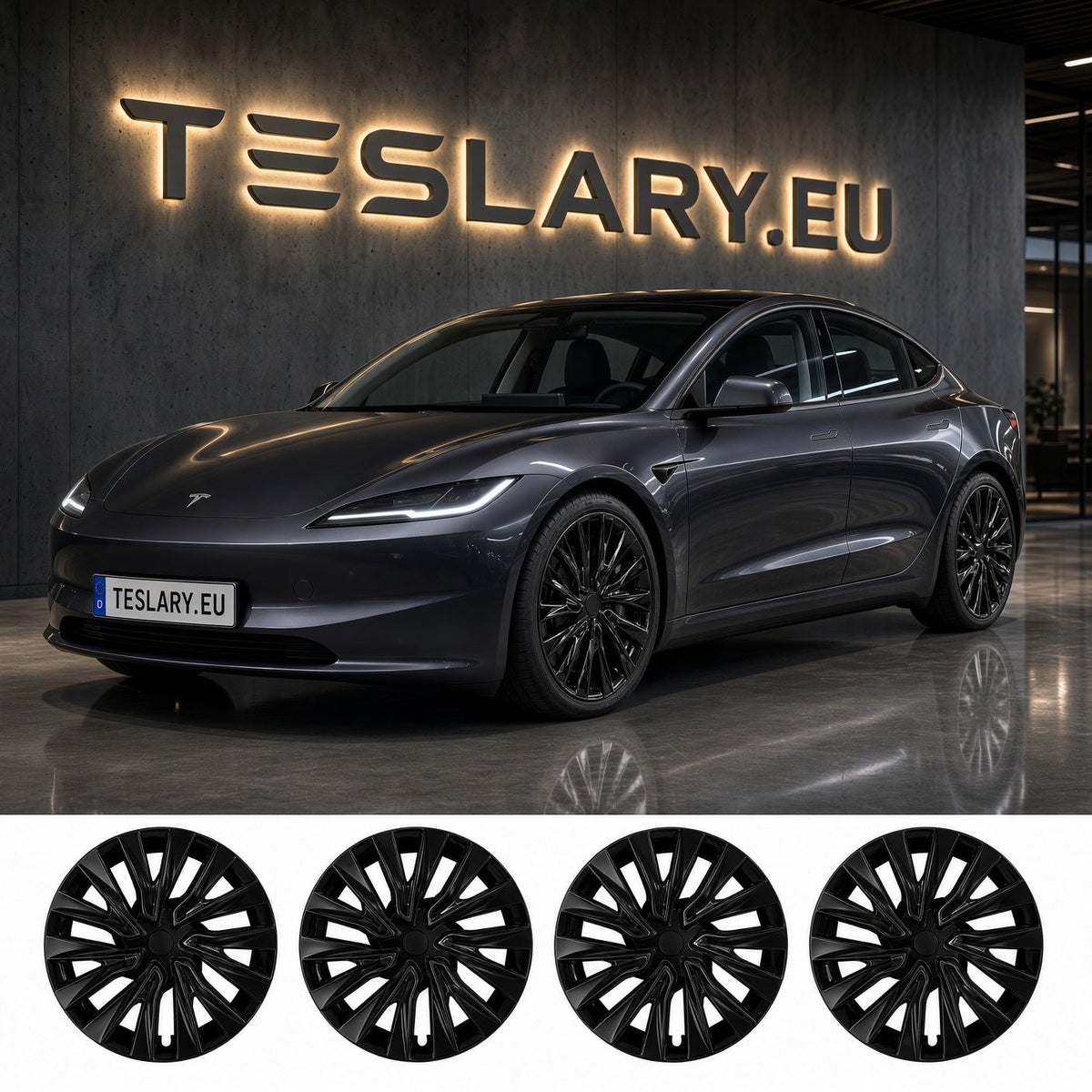 TESLAR MODEL 3 HIGHLAND 18 INCH WHEEL COVERS UBER NOVA PERFORMANCE STYLE GLOSS BLACK FREE DELIVERY WITH FEDEX ACROSS EUROPE FROM IRELAND AND EUROPES TESLARY.EU THE TESLA ACCESSORIES SPECIALISTS