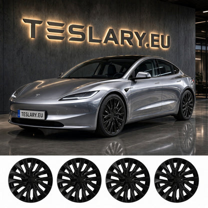 A silver Tesla Model 3 shown in a showroom with a large illuminated TESLARY.EU sign on the wall behind it, plus four black multi-spoke wheel covers displayed along the bottom. TESLA MODEL 3 HIGHLAND 18 INCH WHEEL COVERS UBER NOVA PERFORMANCE STYLE GLOSS BLACK FREE DELIVERY WITH FEDEX ACROSS EUROPE FROM IRELAND AND EUROPES TESLARY.EU THE TESLA ACCESSORIES SPECIALISTS