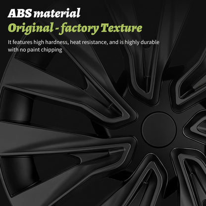 Close-up of a black multi-spoke alloy wheel rim with text overlay reading 'ABS material Original - factory Texture' and descriptive copy about hardness and heat resistance. TESLA MODEL 3 HIGHLAND 18 INCH MATTE BLACK PERFORMANCE WHEEL COVERS HUB CAPS WITH FREE FEDEX DELIVERY ACROSS EUROPE FROM IRELAND AND EUROPES TESLARY.EU