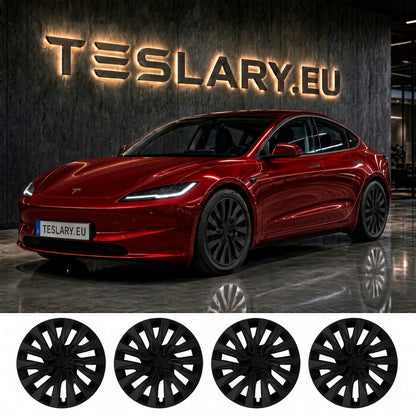 A red Tesla Model S shown in a showroom with a large illuminated TESLARY.EU sign on the wall, plus four black wheel covers displayed along the bottom. TESLA MODEL 3 HIGHLAND 18 INCH MATTE BLACK PERFORMANCE WHEEL COVERS HUB CAPS WITH FREE FEDEX DELIVERY ACROSS EUROPE FROM IRELAND AND EUROPES TESLARY.EU