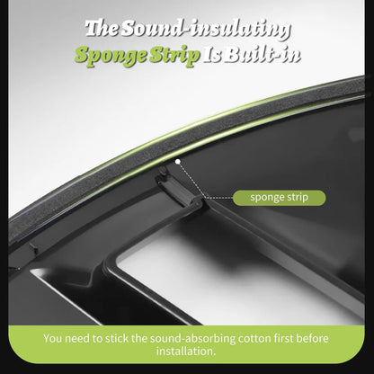 Sound-insulating sponge strip on a car panel with text indicating its purpose.