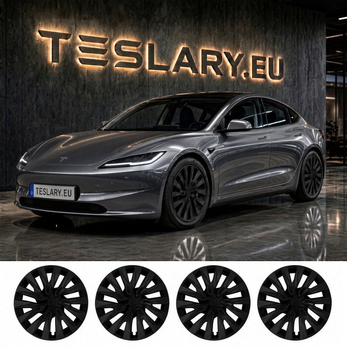 TESLA MODEL 3 HIGHLAND 18 INCH MATTE BLACK PERFORMANCE WHEEL COVERS HUB CAPS WITH FREE FEDEX DELIVERY ACROSS EUROPE FROM IRELAND AND EUROPES TESLARY.EU